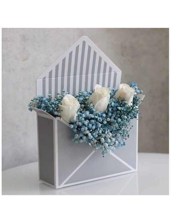 Envelope box containing gypsophelia and white roses for sale online by novo