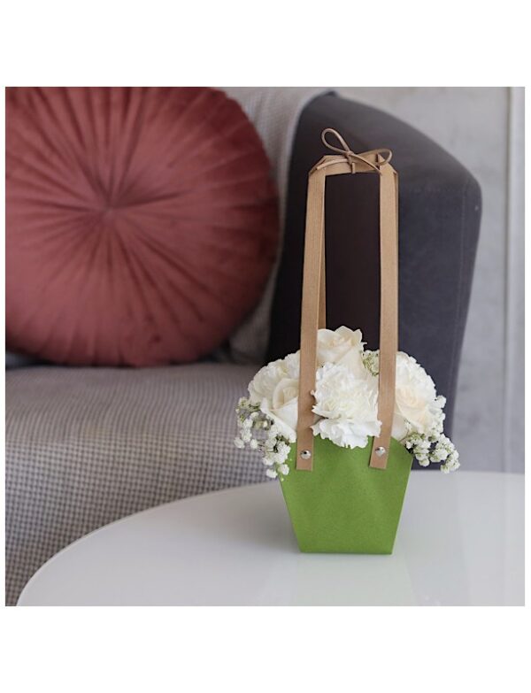 Green bag with white roses and carnations for sale online fresh flowers