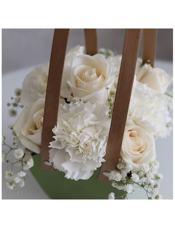 Green bag with white roses and carnations for sale online fresh flowers