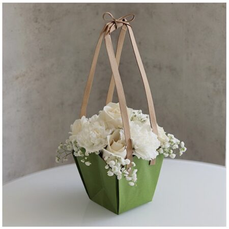 Green bag with white roses and carnations for sale online fresh flowers