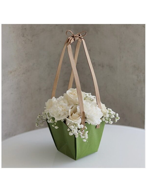 Green bag with white roses and carnations for sale online fresh flowers