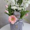 gift mathiola tulips gerbera white pink peach